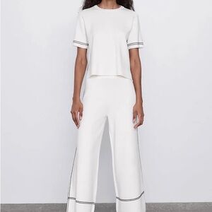 Zara White Wide Leg Pants with Black Trim